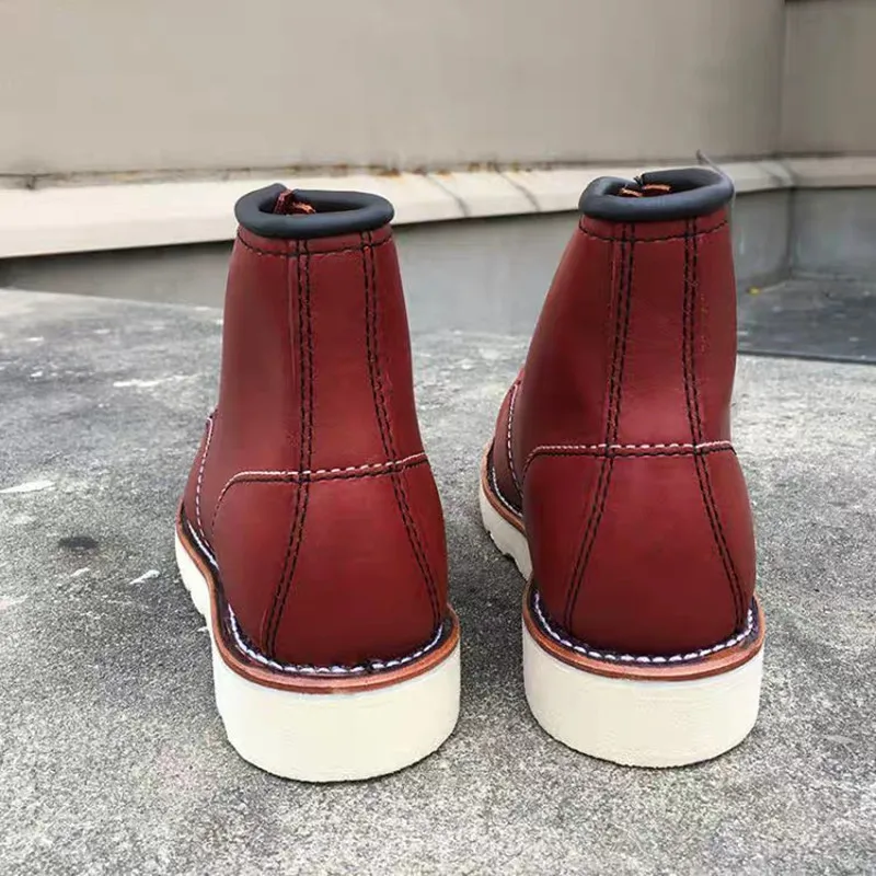 2020 New Designer Handmade Vintage Men Shoes High Quality Cow Leather Ankle Boot Goodyear Welted Wings Motorcycle Boots Wine Red