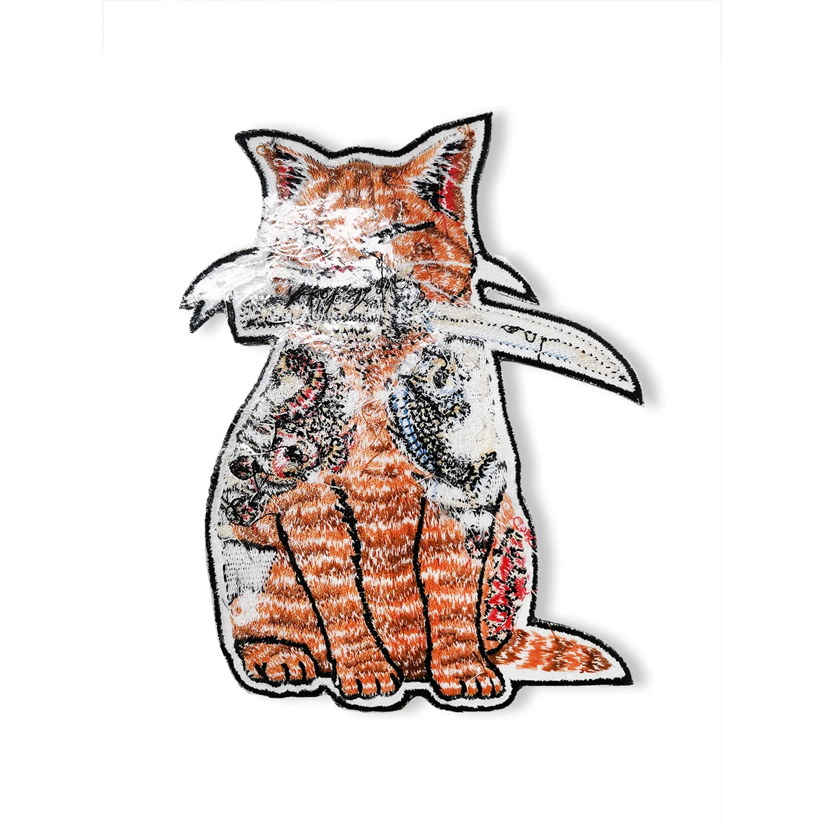 A Cat with a Knife in Its Mouth Embroidery Patches Iron on Patches for Clothes Japan Culture Style High Quality DIY