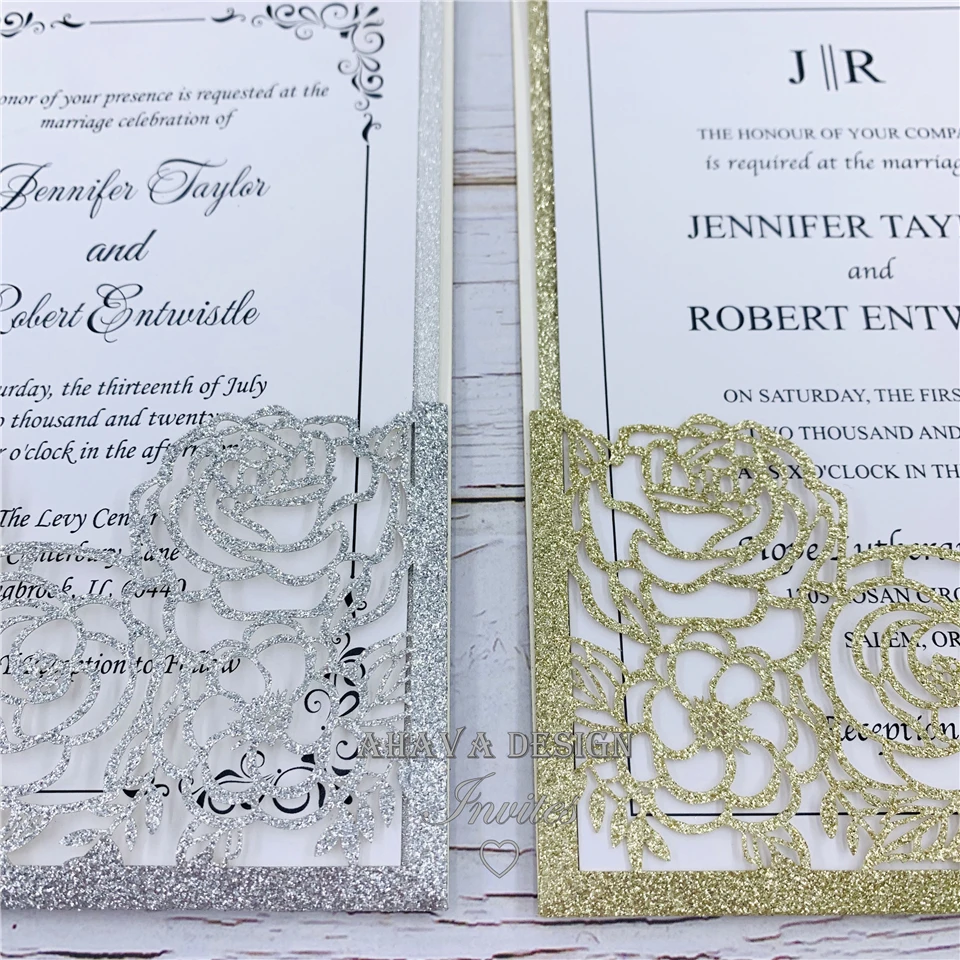 Fancy Glitter Gold Rose Floral Invitations for Wedding, Quince And Sweet 16, DIY Invite Kit