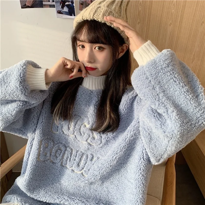 Letter Embroidery Fashion Sweatshirts Winter Thicken Hoodies Kawaii Lambswool Fluffy Vintage Loose Ulzzang Teenagers Casual Ins