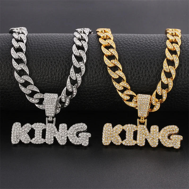 Hip Hop KING Letters Pendant Necklace with Miami Cuban Chain Iced Out Bling HipHop Necklaces Male Charm Jewelry Gift