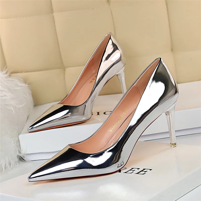 Fashion Women Patent Leather Shallow Thin High Heels Shoes Pointed Toe Gold Silver Heels Pumps Female Tacones Mujer Large Size