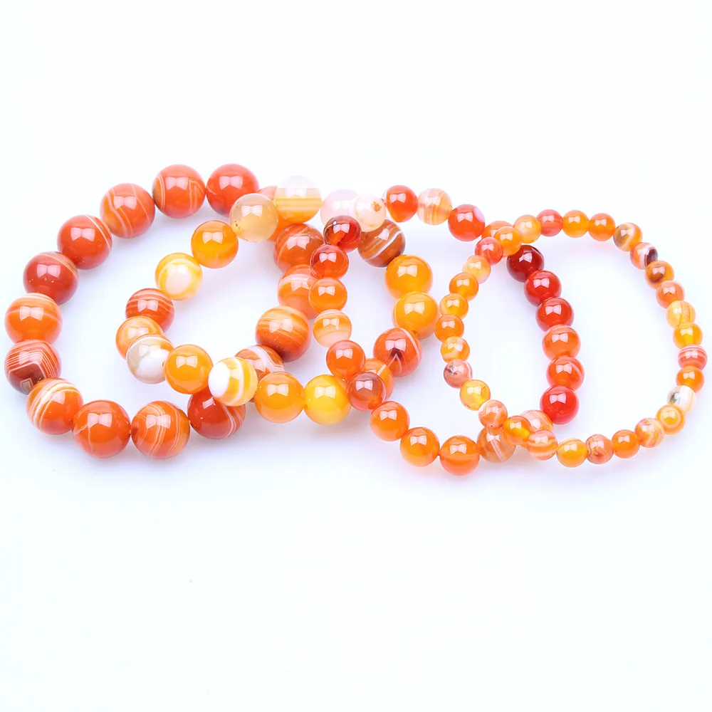 6mm 8mm 10mm 12mm Orange Natural Stone Bracelets Indian Agat Natural Stone Beaded Round Beaded Stretch Bracelets Bangles