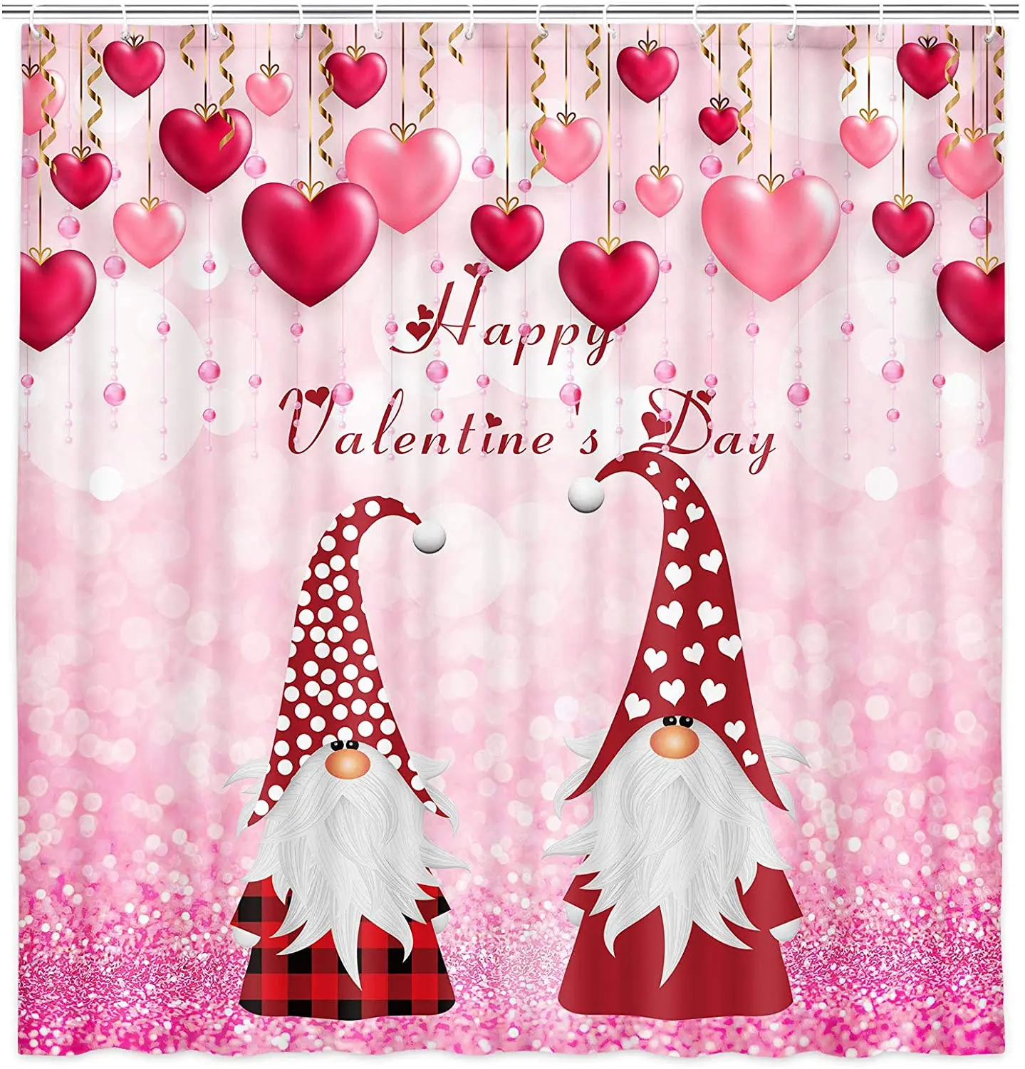 Valentine's Day Shower Curtain Valentines Day Blush Red Pink Loving Hearts with Cute Buffalo Plaid Gnome Romantic Bath Curtain