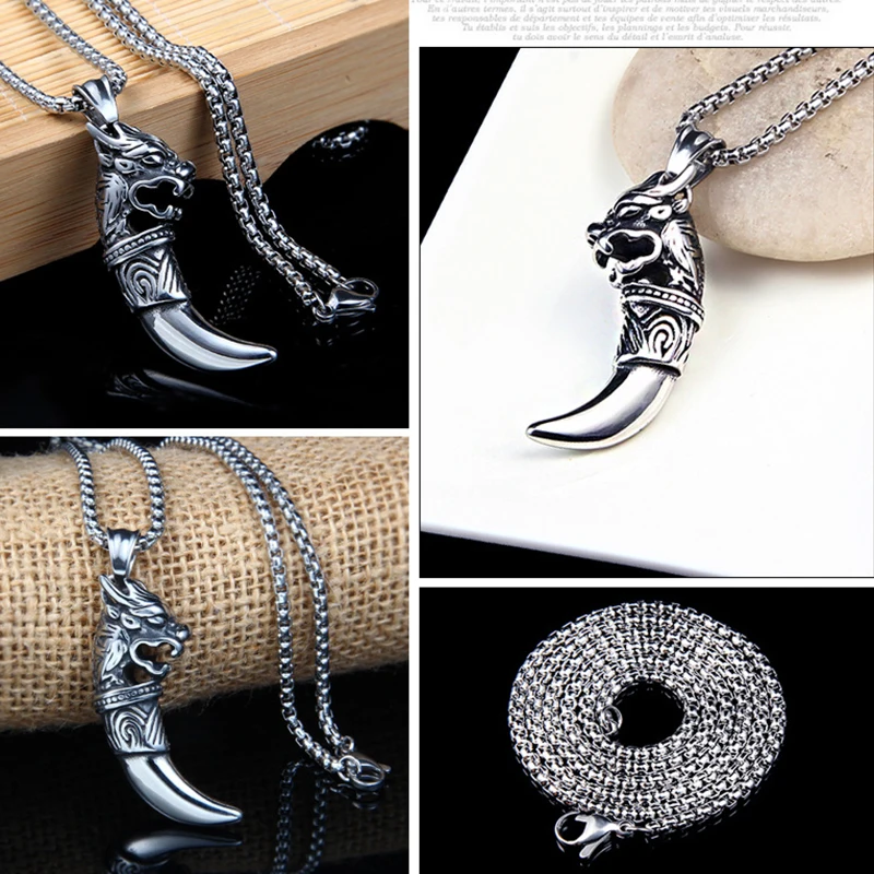 Vintage Viking Wolf Tooth Stainless Steel Pendant Necklace High Quality Spike Punk Jewelry for Men Male Birthday Gift LN3004