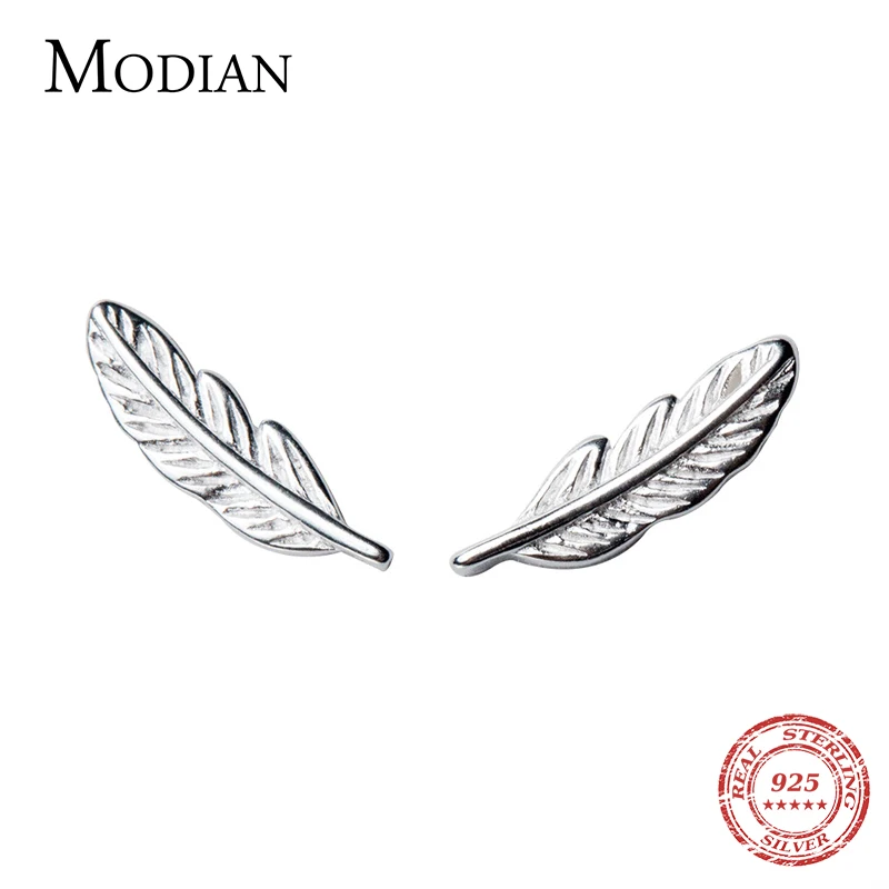 

Modian Hot Sale 925 Sterling Silver Lucky Fashion Romantic Simple Feather Tree Leaf Stud Earrings For Women Silver Fine Jewelry