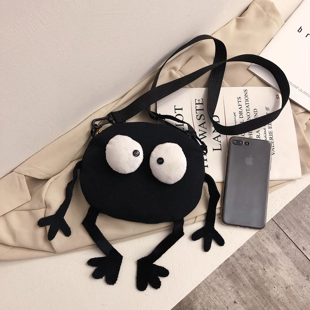 New Cartoon Big-eyed Monster Women\'s Bag Small Messenger Bag Unisex Black Canvas Shoulder Bag Telescopic shoulder strap Handbags