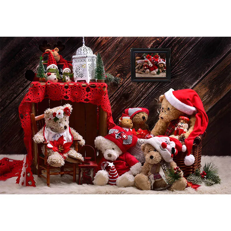 Winter Christmas Tree Backdrop Toy Bear Snowman Plank White Blanket Kid Photography Background Photostudio Photozone Decor Props