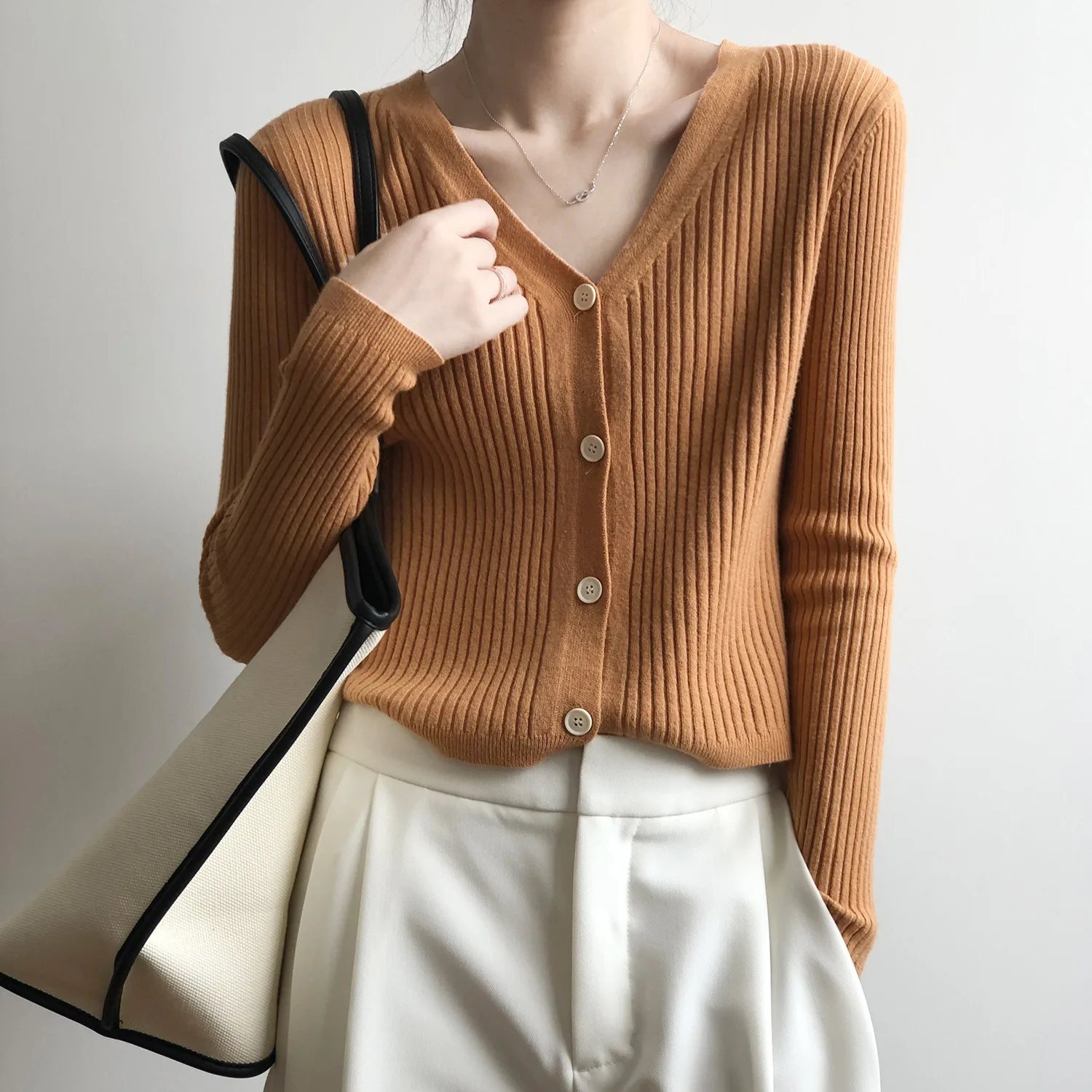 2020 New Autumn New Slim Knit Cardigan Women's Short V-Neck Slim Slimming Solid Color Sweater Female For Fashion