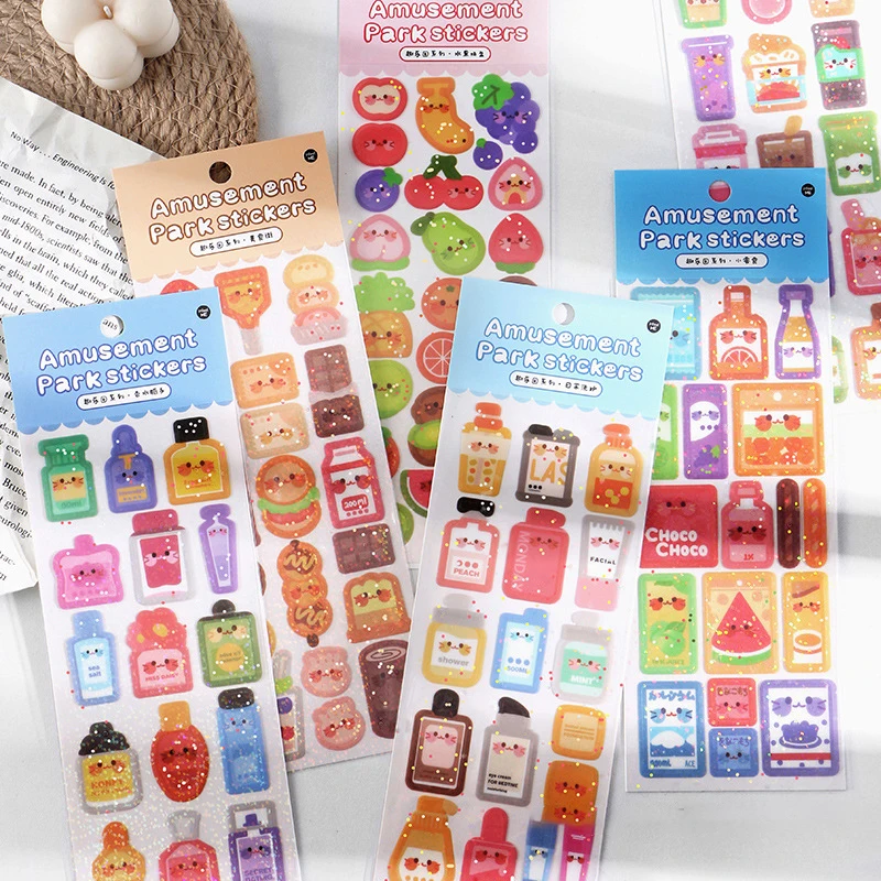 2 Sheets Amusement Park Stickers Decoration PET Custom Stickers Aesthetic Fruit Snack Scrapbooking Journal Supplies Stationery