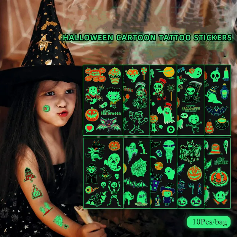 

20Pcs Halloween Party Makeup Temporary Tattoo Sticker Waterproof Sweatproof Disposable Child Kid Terror Bat Luminous Stickers