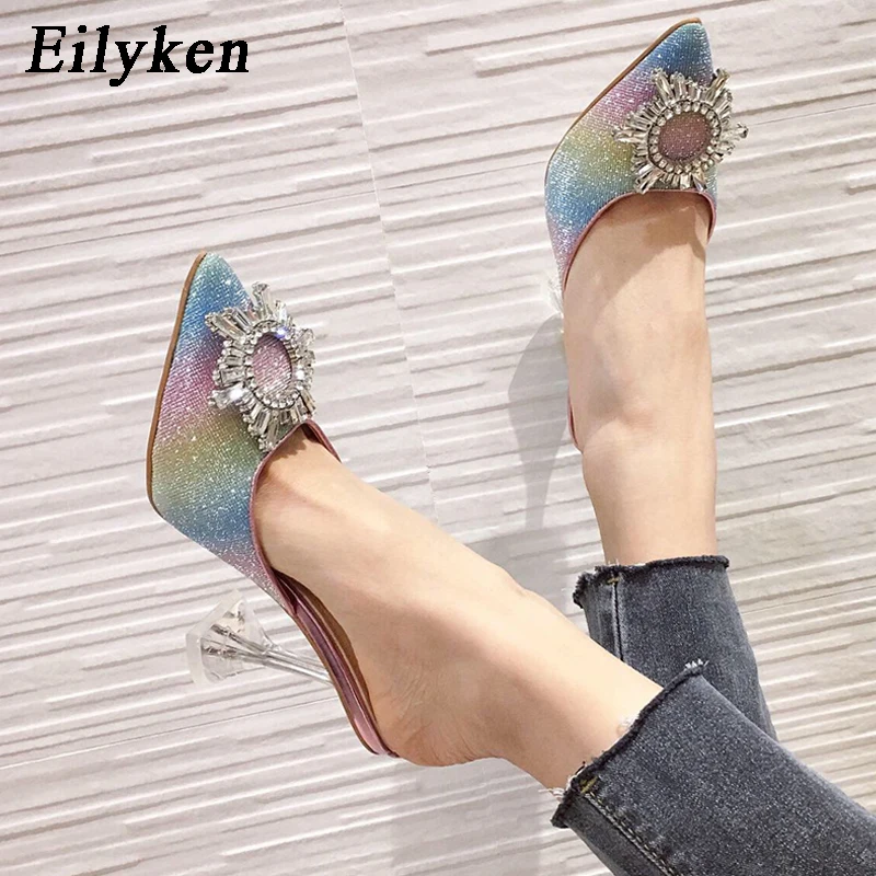 Eilyken strass donna décolleté sandali eleganti scarpe a punta tacchi alti Bling Crystal Perspex Spike Heeled Mule Shoes