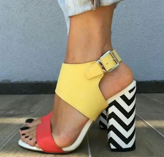 New Girls Blue Orange Yellow Patchwork Suede Strip Chunky Heel Slingback Sandals Woman Open Toe Cuts Out Ankle Buckle Shoes