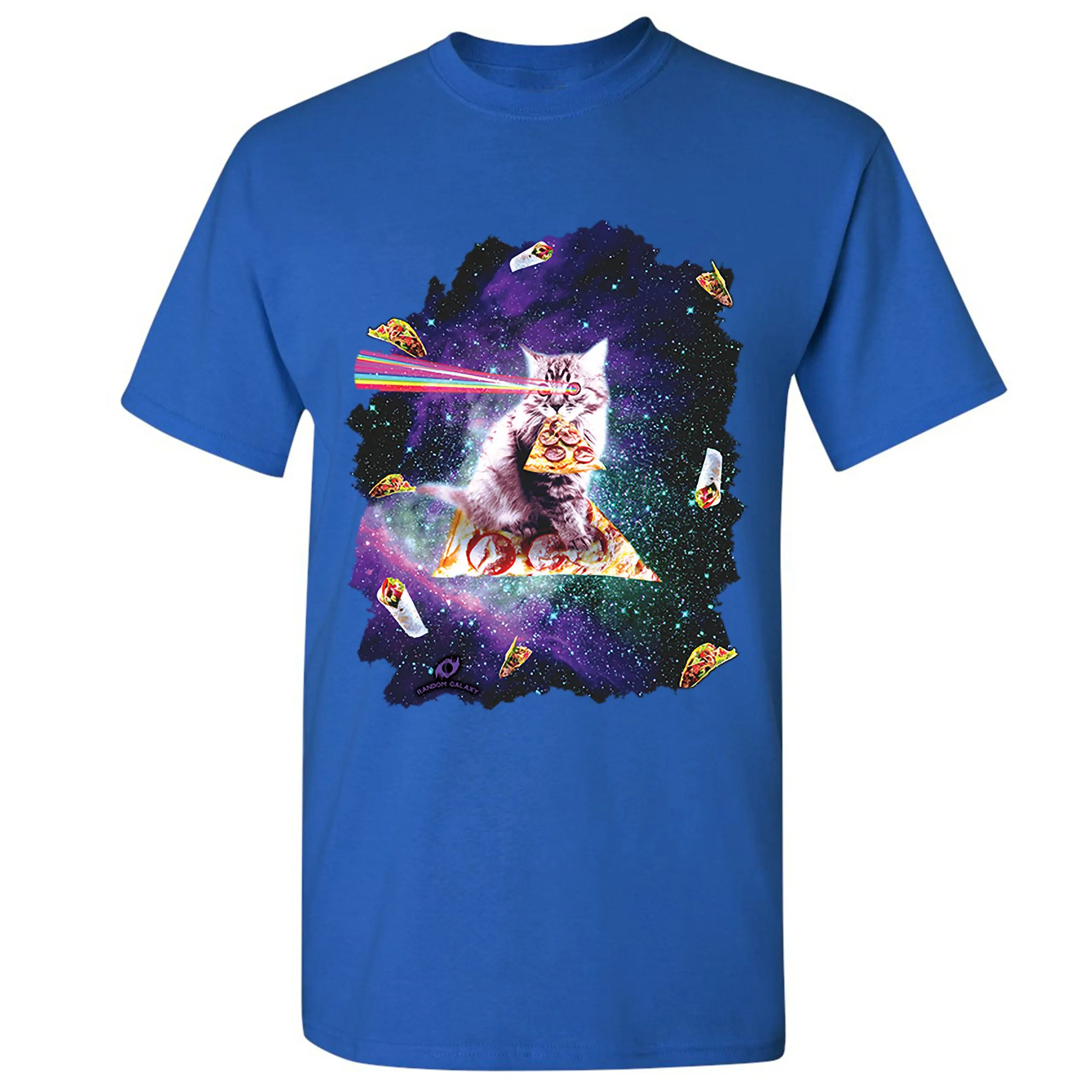 Cat Firing Rainbow Laser Riding Pizza Slice In Space. Funny Cat Graphic T-Shirt. Summer Cotton O-Neck Short Sleeve Mens T Shirt