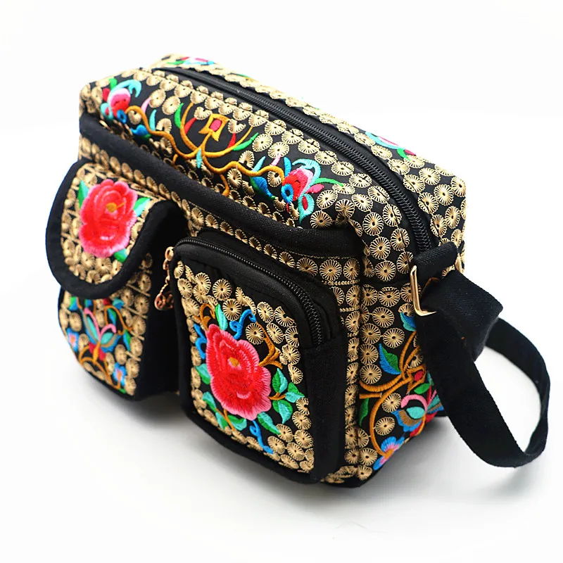 Ethnic Women Messenger Bags Floral Embroidered Canvas Corssbody Bag Girls School Satchels Ladies Shoulder Bag Purses and Clutch