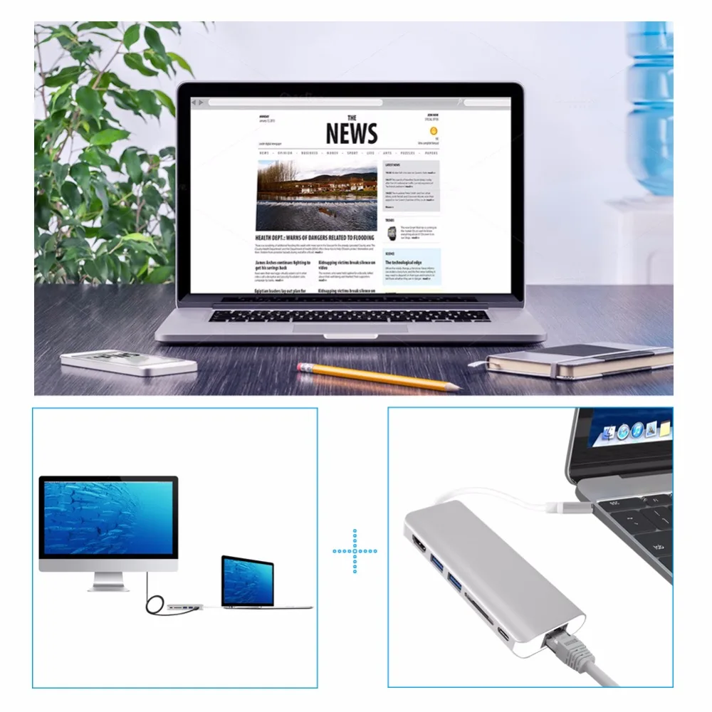 

New 2-Port USB3.0 Type C HUB USB Multiport to HDMI-compatible 4K C Gigabit Ethernet Adapter SD Card Reader For MacBook PC