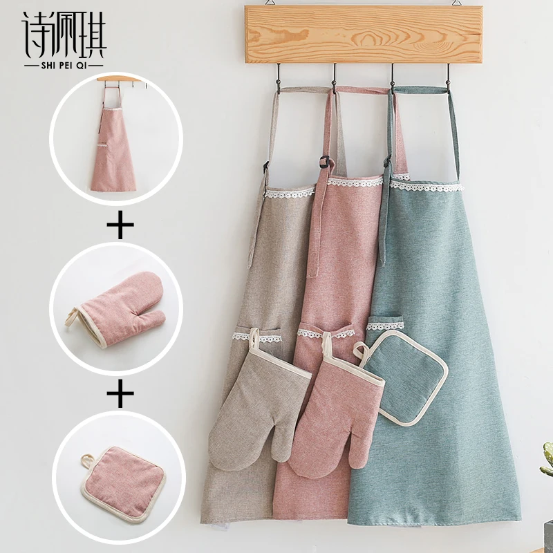 

Apron Sleeve Household Kitchen Gloves Set Waterproof Oilproof Female Cute Japanese Korean Fashion Baking Three-piece