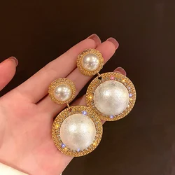 2023 Luxury Shiny Oversize Pearl Drop Earrings For Women Crystal Golden Round Pearl Wedding Dangle Earrings Jewelry Party Gift