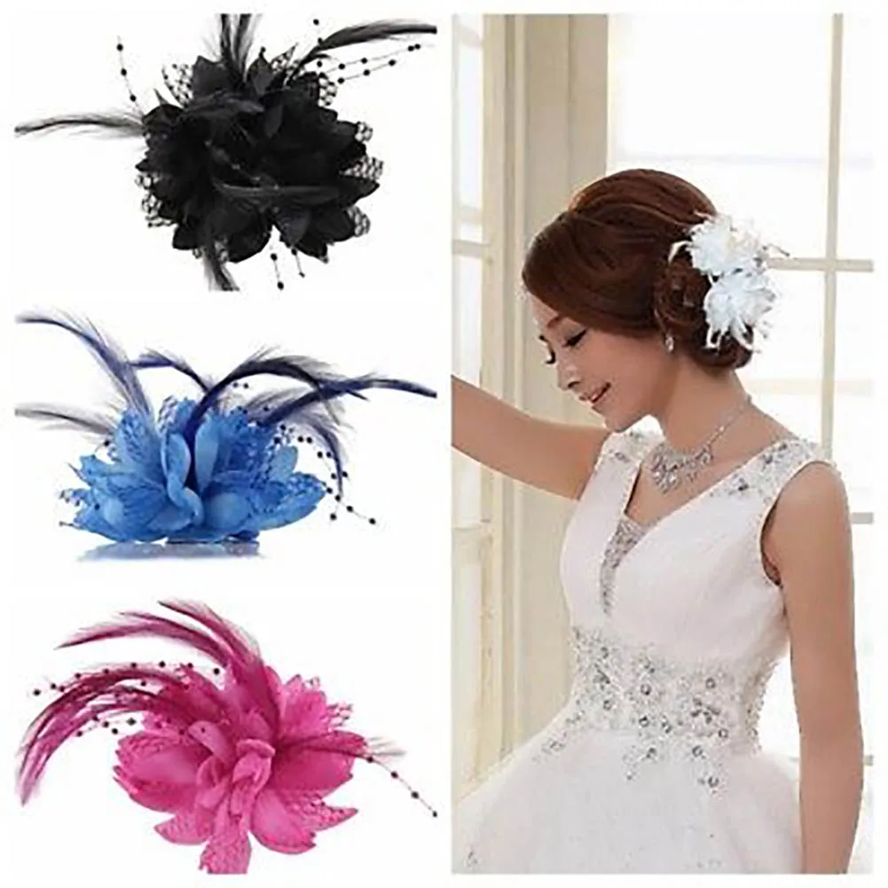 Fashion Flower Feather Bead Corsage Hairband Pin Wedding Headwear Decor Gift Bride Headdress