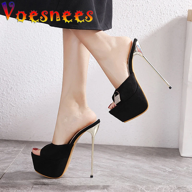 Sandals for Girls Women's Shoes Fashion Flock Platform Slippers Lock Head Decoration Summer Thin Heels 17cm Black Women HeeLs