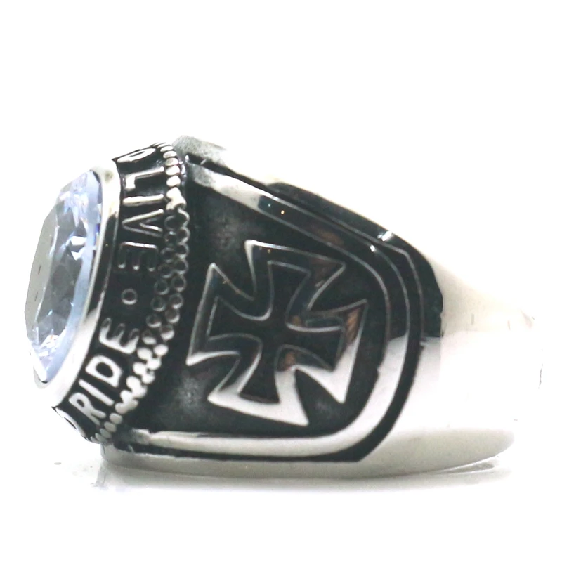 Unisex 316L Stainless Steel Cross Ride To Live, Live To Ride Clean Stone Ring Newest