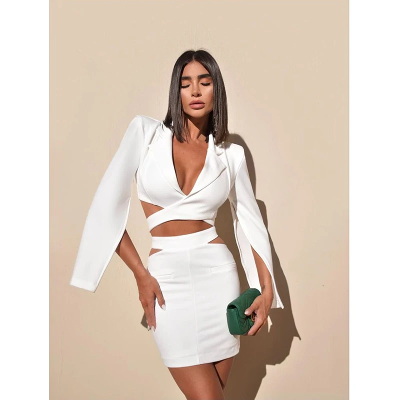 

White Sexy Cut Out Long Sleeve Short Blazers & Mini Skirt Women Two Pieces Set CostumeEnsemble Blazer