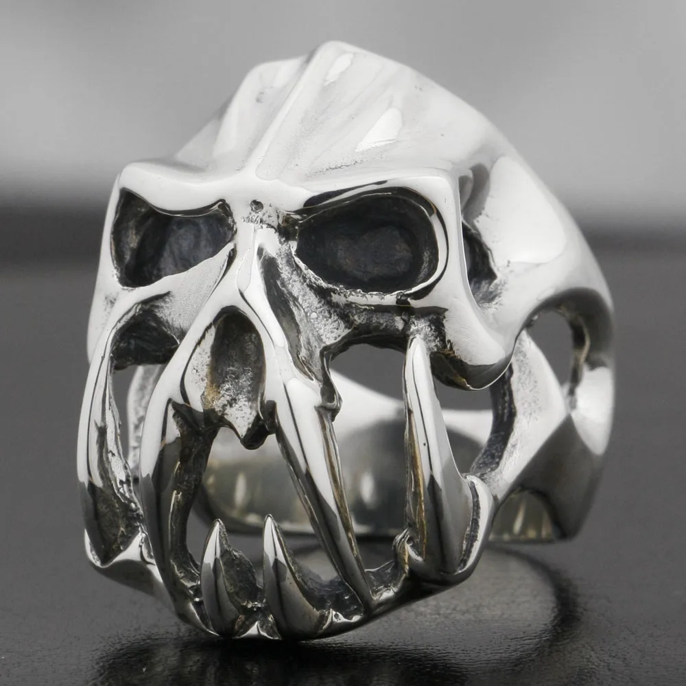 925 Sterling Silver Devil Alien Skull Tiger Tooth Mens Biker Ring 8V004 US Size 7~15