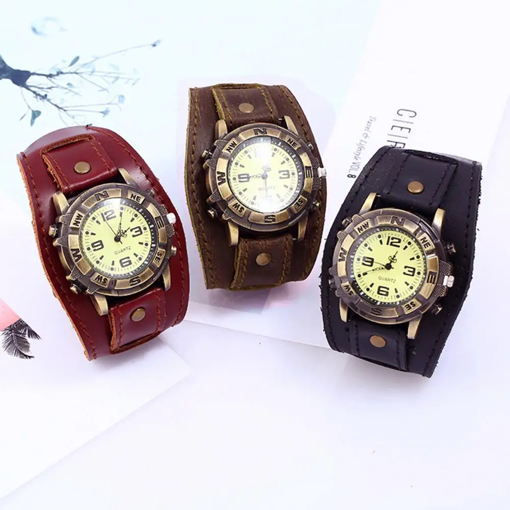 2021 New Fashion Punk Cool Vintage Women Men Punk Faux Leather Round Dial Quartz Bracelet Wrist Watches for Dating Gift