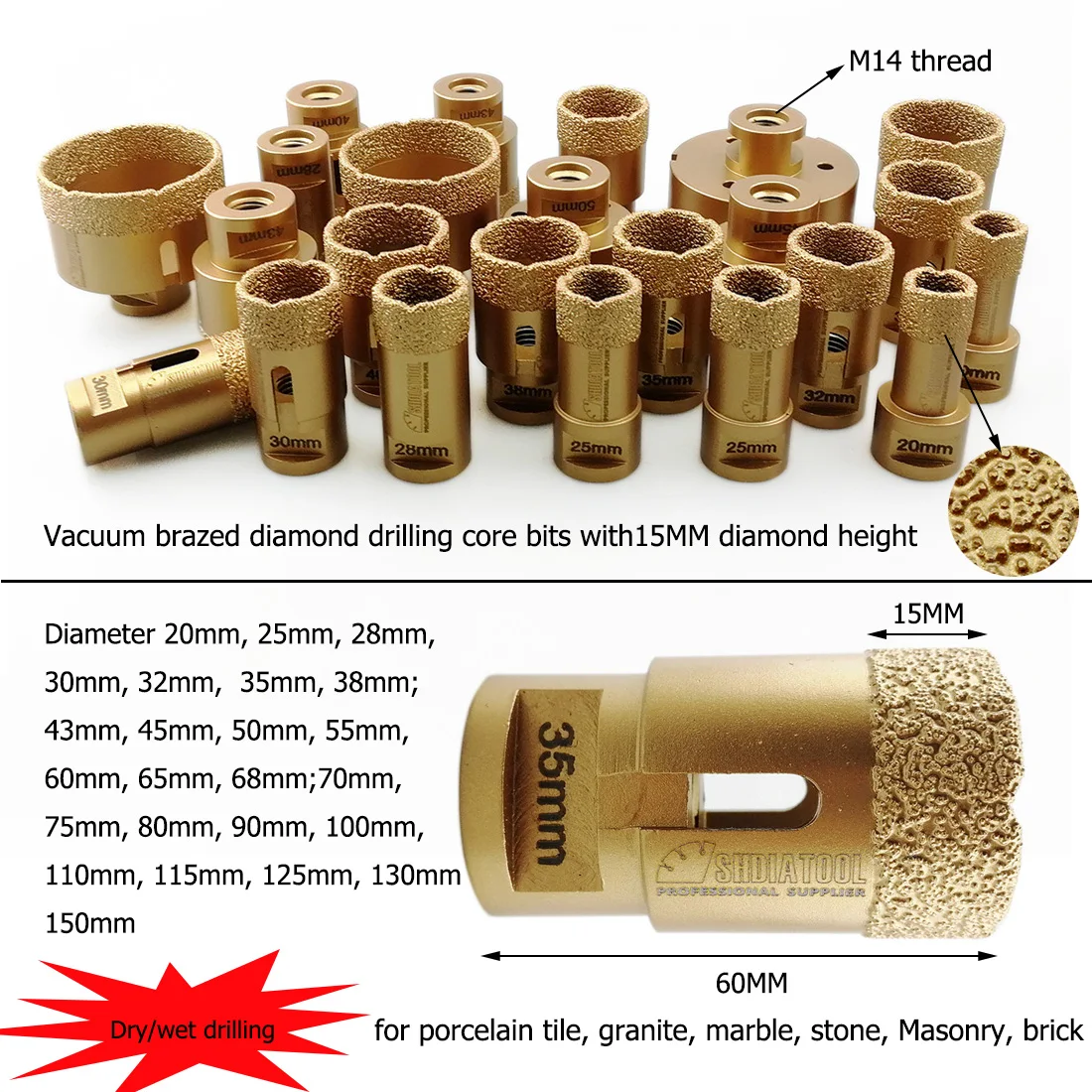 SHDIATOOL Dia20mm สูญญากาศ Brazed เพชรเจาะ Bits 15มม.ความสูง M14เจาะเกลียวบิตหินอ่อนหินแกรนิตเซรามิครู