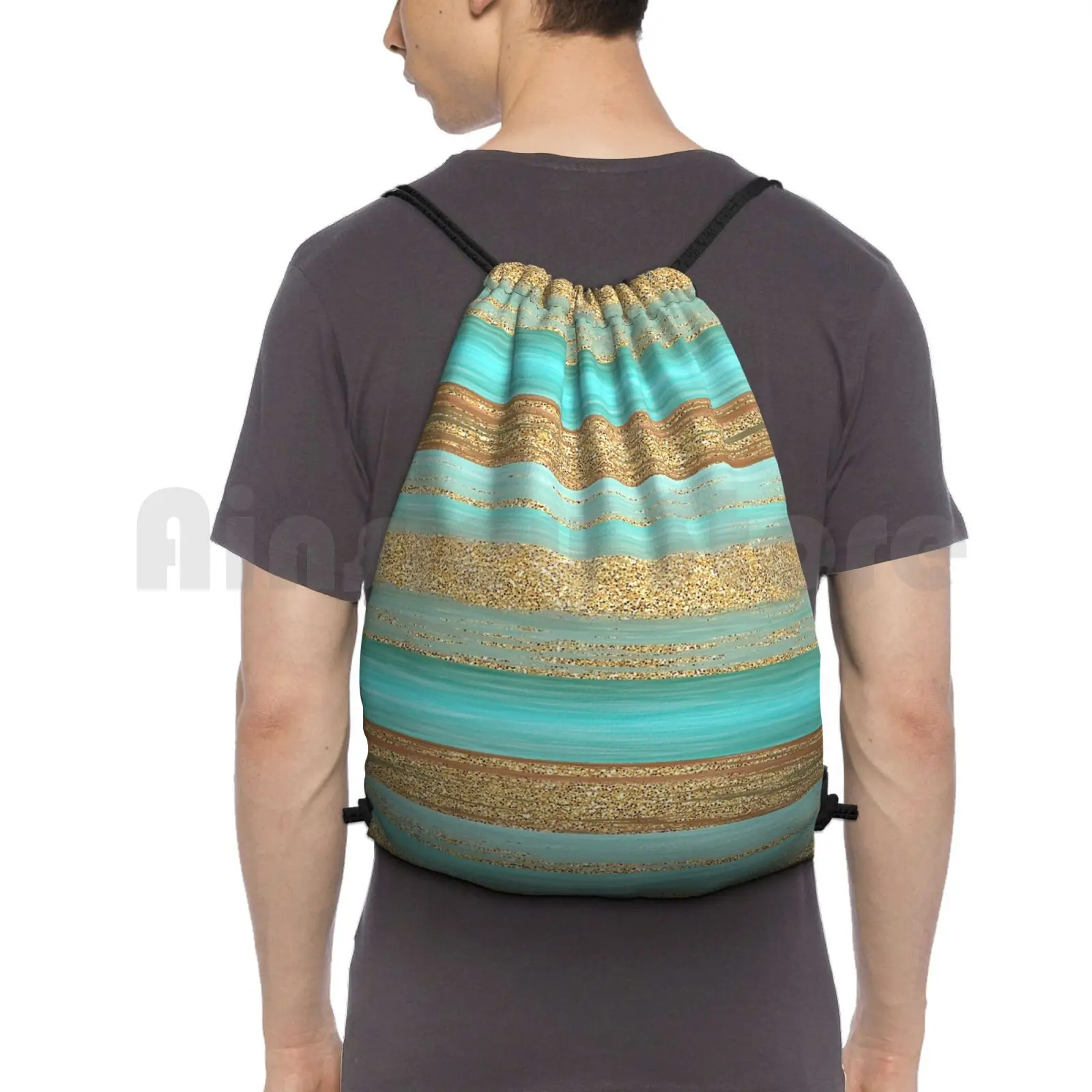 Turquoise Brown Faux Gold Glitter Stripes Art Pattern Backpack Drawstring Bag Riding Climbing Gym Bag Trendy Modern Glitter