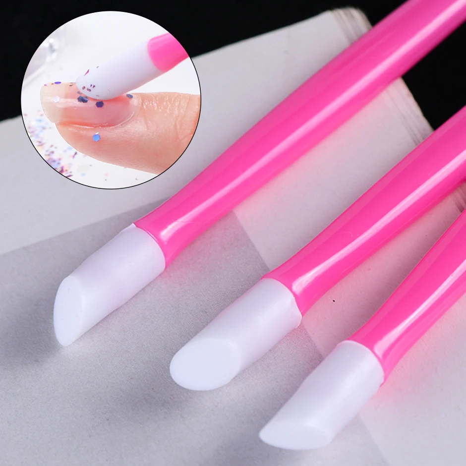 

3pcs Plastic Rubber Nail Cuticle Pusher Pink Soft Removal Pressure Pen 2 Ways Smooth Stick for Manicure Nail Art Tool GLNC370