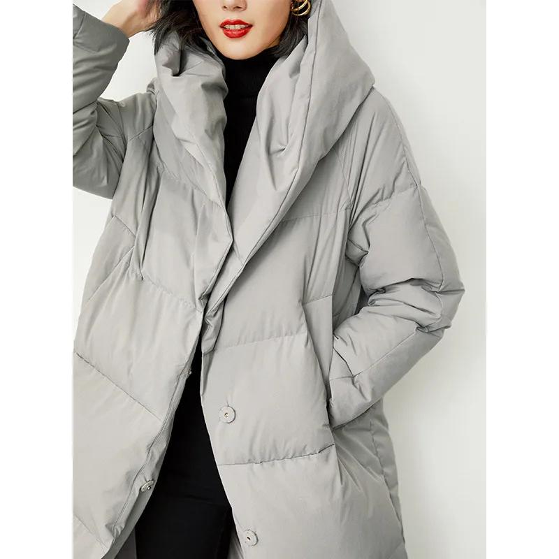 

Winter Women light grey thick Down Jacket White Duck Down Jackets hooded Long Sleeve Coat Parka Female Portable Outwear loose