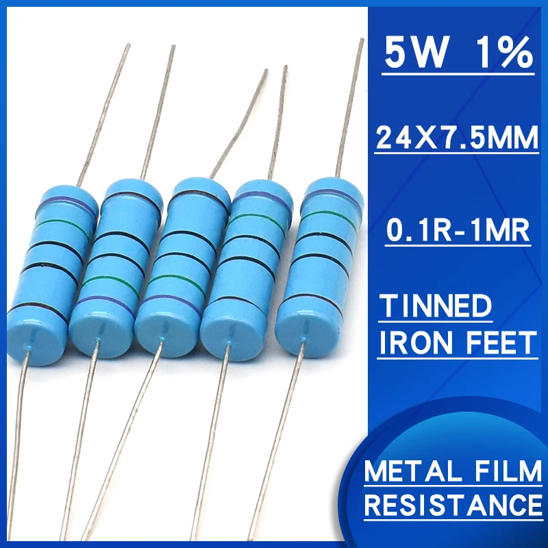 10pcs 5W 1% resistore a Film metallico 0.1R-1MR ohm resistenza DIP Watts5 Precision1 varie specifiche sono disponibili resistenze