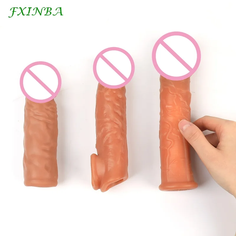 FXINBA New 14-28cm Realistic Penis Extender Sleeve Reusable Condoms Adults Sex Toys For Men Delay Ejaculation Dick Enlargement