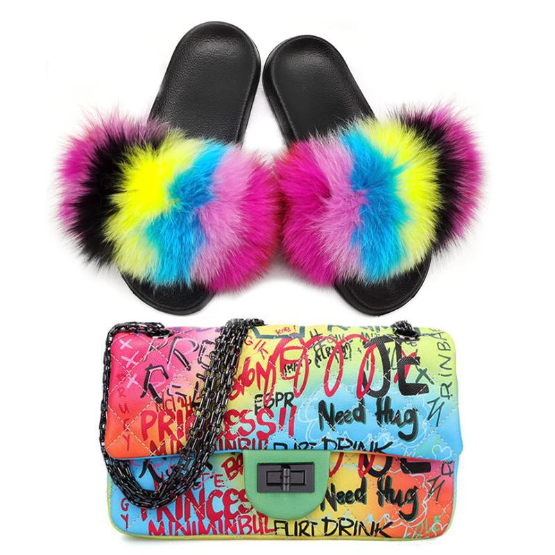 Women Cute Slippers High-end Fluffy Fur Slippers Fashion Doodle Bag Fox Leather Slippers Lady Doodle Bag Real Fur Slipper Set