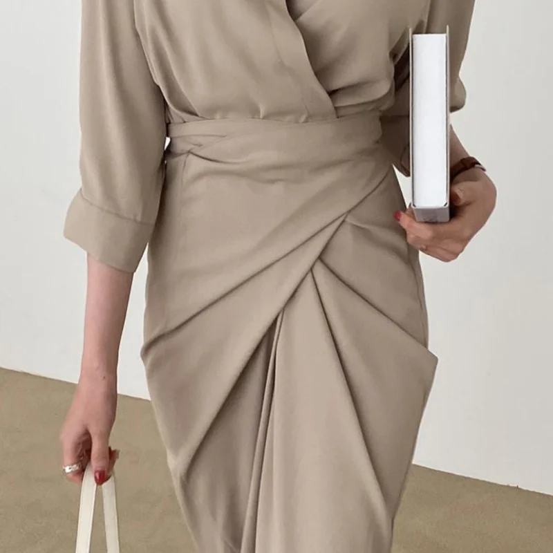 2021 New Women Summer Long Bandage Shirt Dress V Neck Slim Waist Wrap Dresses Maxi Sundress