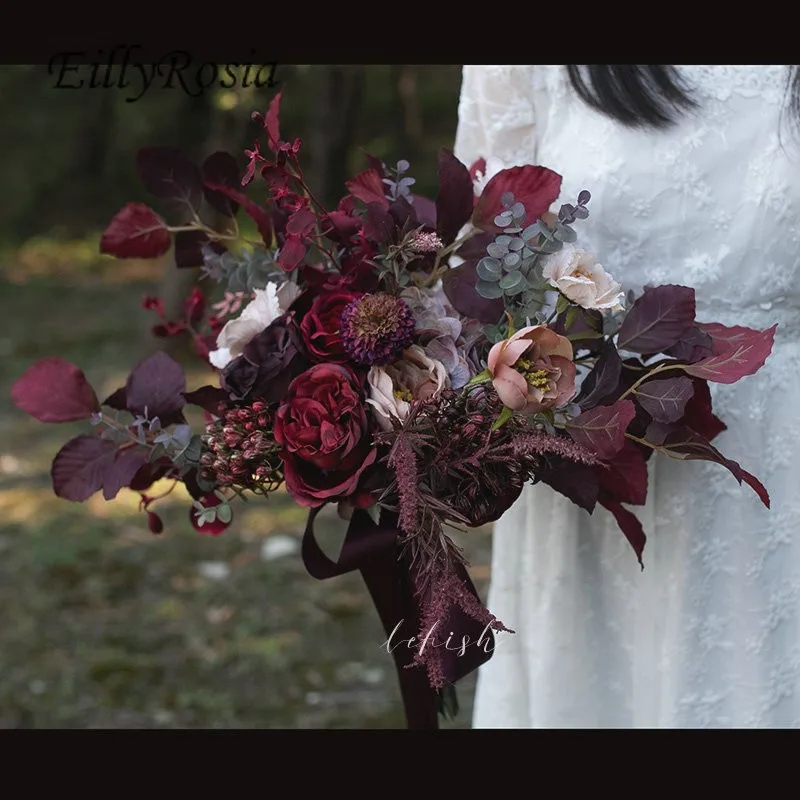 

EillyRosia Vintage Burgundy Bridal Bouquet Wedding Flowers Artificial Dark Red Retro Bride Photography Flowers ramos de novia