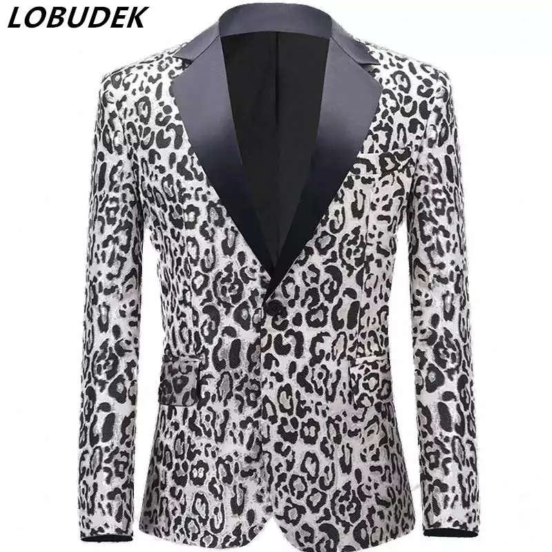 

Euro Male Leopard Pattern Jacquard Suit Coat Emcee Host Formal Tuxedo Suit Jackets Singer Chorus Stage Performance Blazers