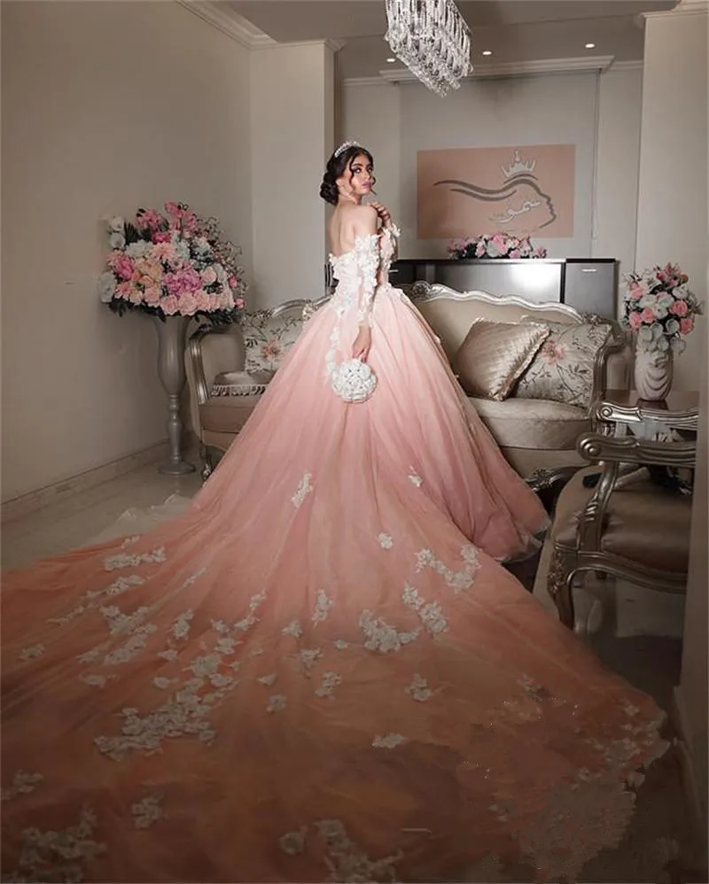 Vestido de baile Rosa rubor, tren de la Catedral, vestidos de novia de manga larga con cuentas florales en 3D, vestidos de novia árabes de Dubái de talla grande