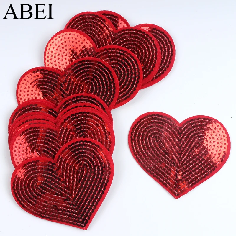 10pcs Big Red Patch Iron On Sequined Heart Patches DIY Stickers For Jeans Bags Shoes Hats Coats Sewing Fabric Appliques