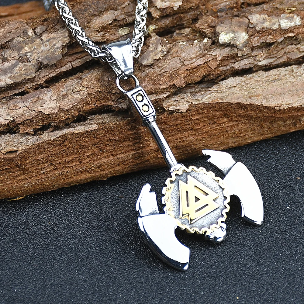 Stainless Steel Nordic Double Edged Axe Pendant Necklace Vikings Hatchet Compass Slavic Runes Amulet Pendant Male Gifts