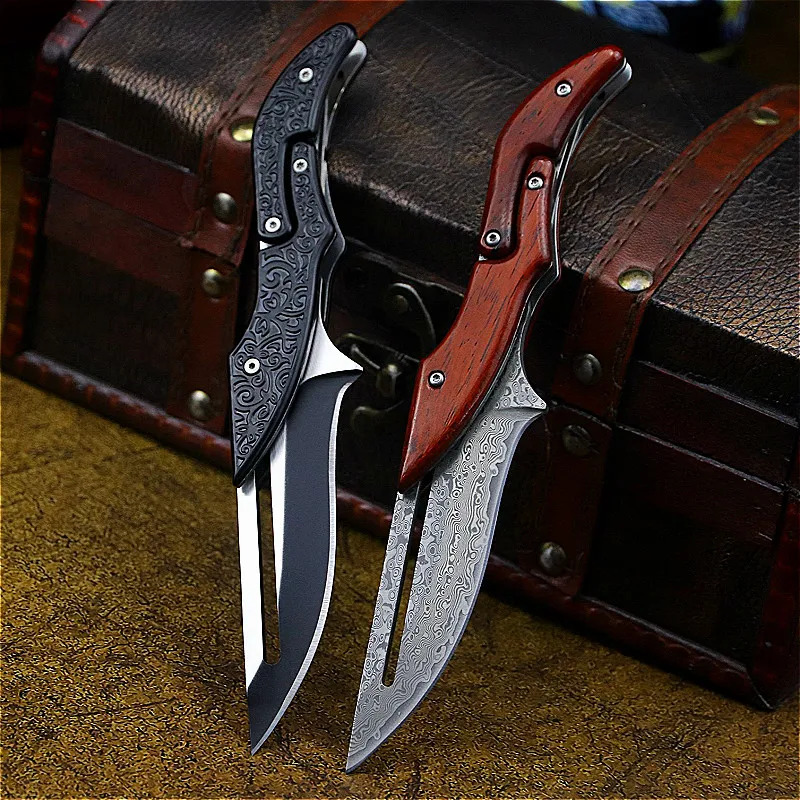 DEHONG  Damascus Mechanical folding Knife Fashion D2 steel folding knife outdoor folding knife pocket knife jungle hunting knife