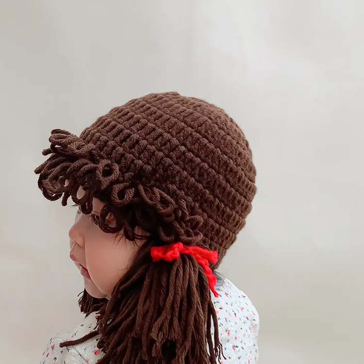 Cute Baby Kids Girls Hat Hair Pigtail Wig Cap Autumn Winter Knitted Children Infant Hats and Caps Accessories Photography Props