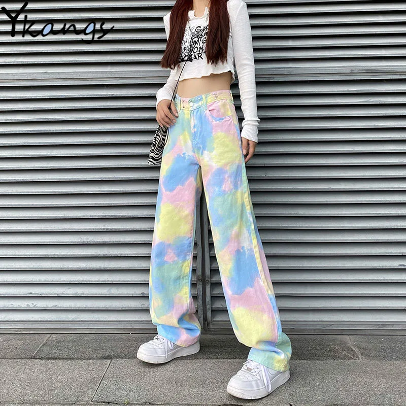 Tie Dye Rainbow High Waisted Harajuku Streetwear Vintage Straight Jeans Punk Korean Style Baggy Gothic Casual Denim Pants Female