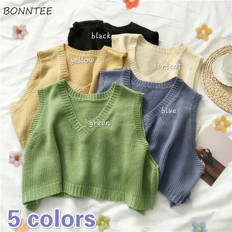 Sweater Vest Women Hot Sale Fashion Simple Solid Spring Fall Ladies Cropped Sweaters All-match Korean College Female Knitwear