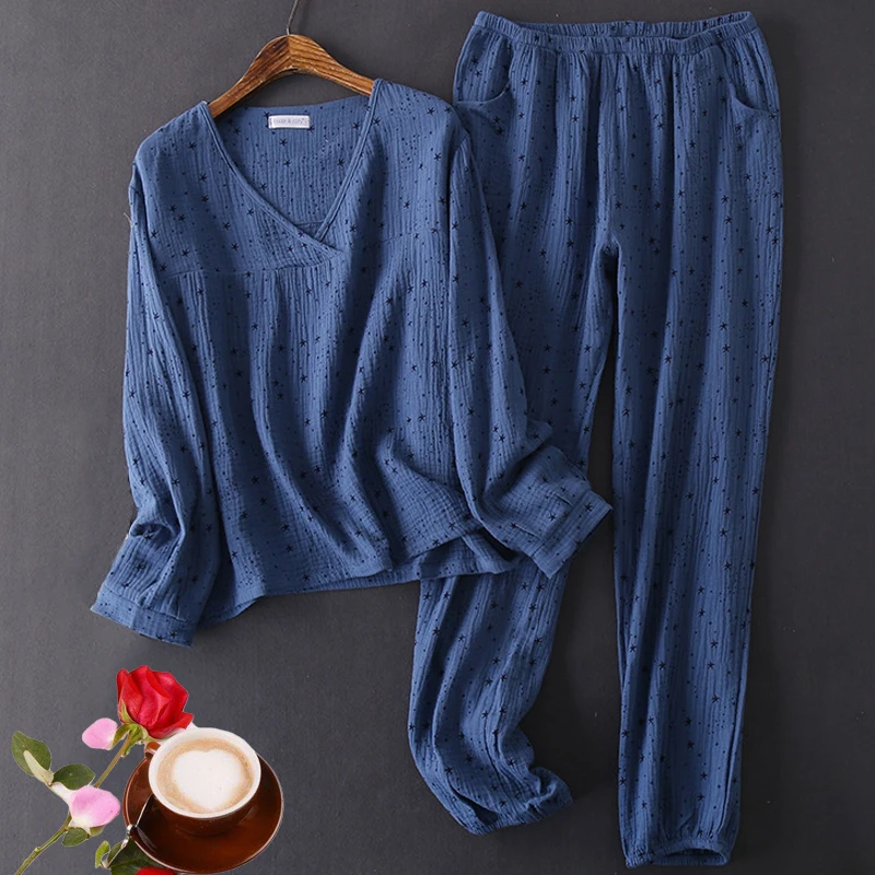 Women Cotton Pajamas Sets Water-Washed Cotton Sleepwear Quality Crepe Yarn Home Suits Pure Color Lounge Wear Indoor Clothe Pink