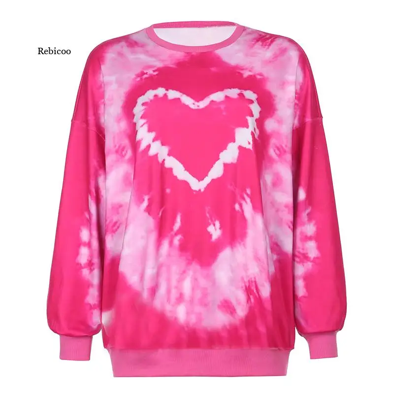 

Women Sweatshirts Heart Pattern Y2K Aesthetics Oversized New E-Girl Tie Dye Crewneck Long Sleeve Tops Autumn Pullovers