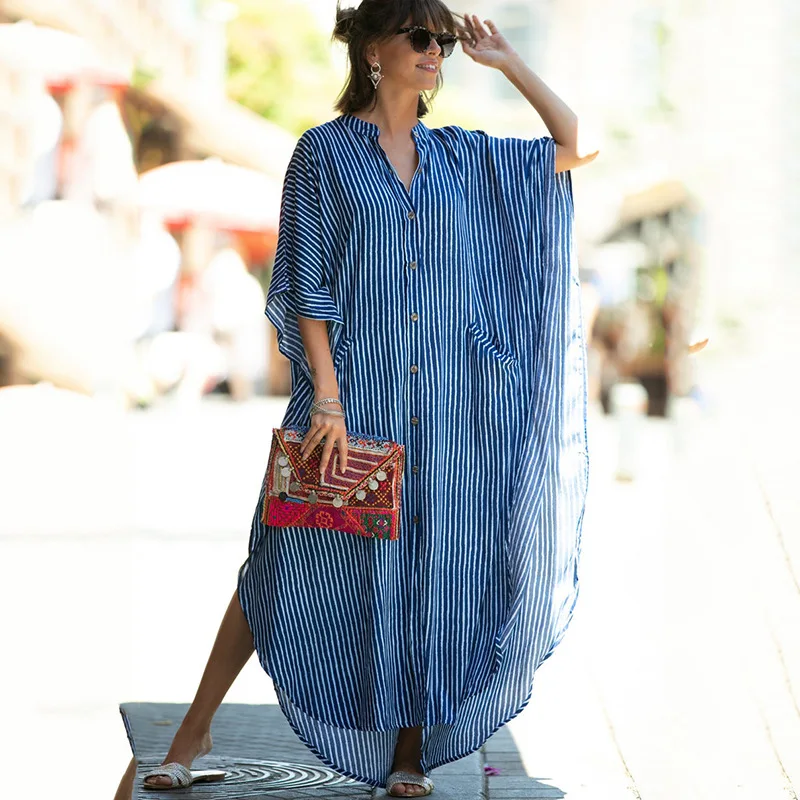 

SuperAen 2022 New Loose Oversized Striped Holiday Robe Sunscreen Cardigan Beach Coat Bikini Swimsuit Blouse