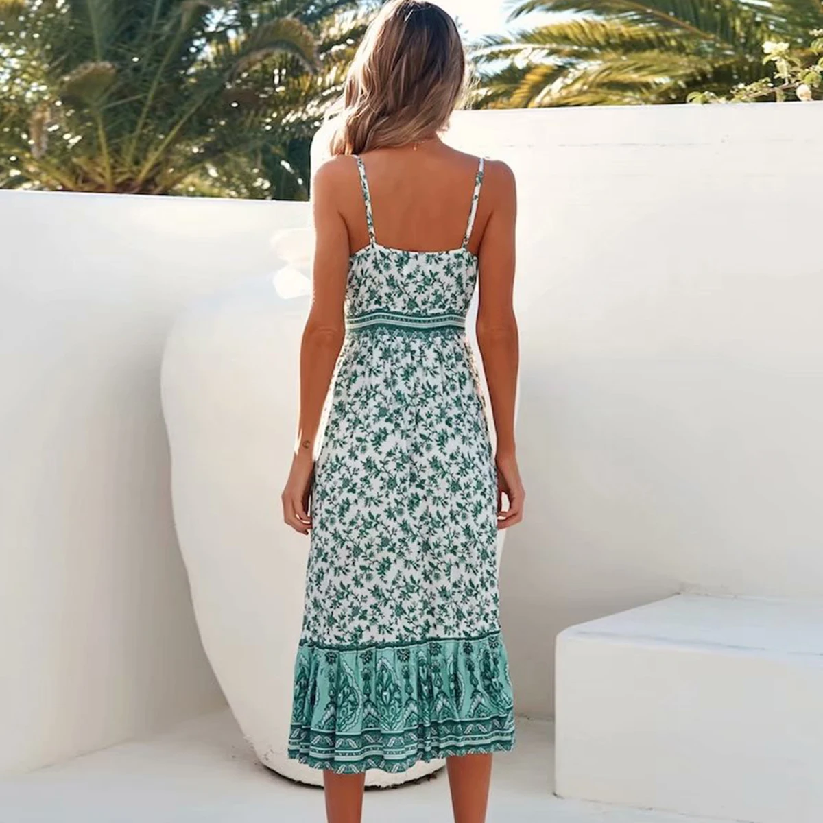 Floral Gedruckt Hippie Sexy Strap Midi Kleid Sleeveless V-ausschnitt Vintage Cami Vestidos Sommer Strand Boho Casual Frauen Slip Kleider