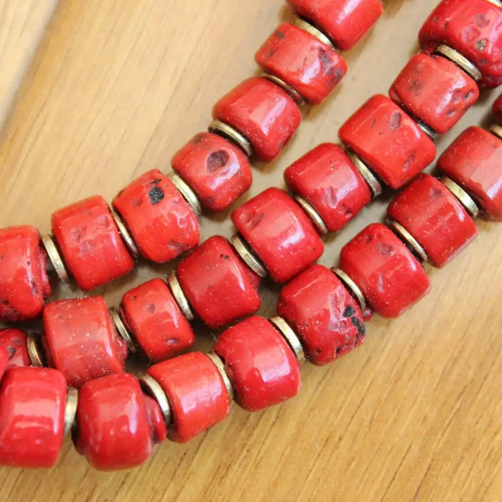 NK223 Ethnic Tibetan Red Lampwork Glass Beaded Necklace Handmade Nepal 3 Rows Women Necklace